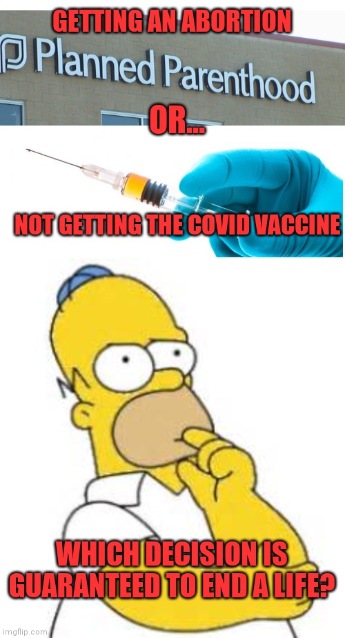 Hmmmmmm... | GETTING AN ABORTION; OR... NOT GETTING THE COVID VACCINE; WHICH DECISION IS GUARANTEED TO END A LIFE? | image tagged in blank white template,homer simpson hmmmm,covid-19,vaccine,abortion,democrats | made w/ Imgflip meme maker