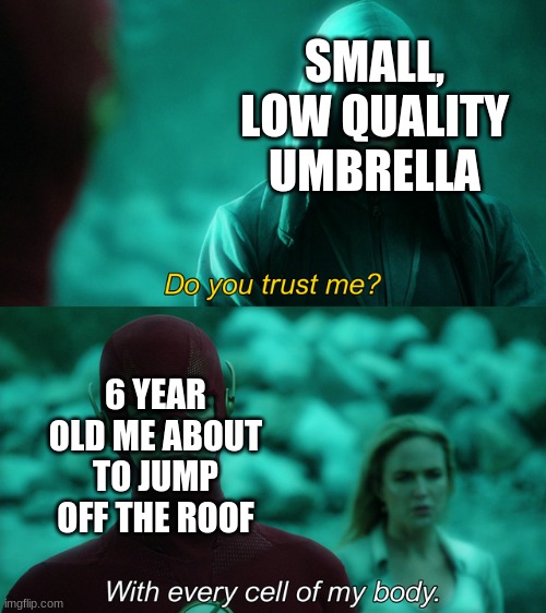 Do you trust me? | SMALL, LOW QUALITY UMBRELLA; 6 YEAR OLD ME ABOUT TO JUMP OFF THE ROOF | image tagged in do you trust me,umbrella,6 year olds believe | made w/ Imgflip meme maker