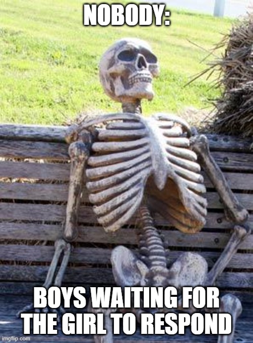 texting problems |  NOBODY:; BOYS WAITING FOR THE GIRL TO RESPOND | image tagged in memes,waiting skeleton | made w/ Imgflip meme maker