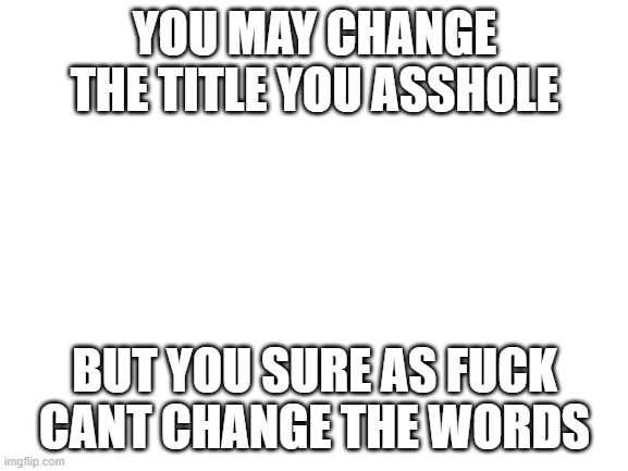 Blank White Template | YOU MAY CHANGE THE TITLE YOU ASSHOLE; BUT YOU SURE AS FUCK CANT CHANGE THE WORDS | image tagged in blank white template | made w/ Imgflip meme maker