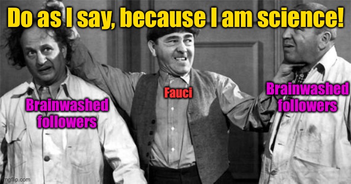 The stooges were more transparent & honest | Do as I say, because I am science! Fauci; Brainwashed followers; Brainwashed followers | image tagged in three stooges,dr fauci,science,fools,liar | made w/ Imgflip meme maker