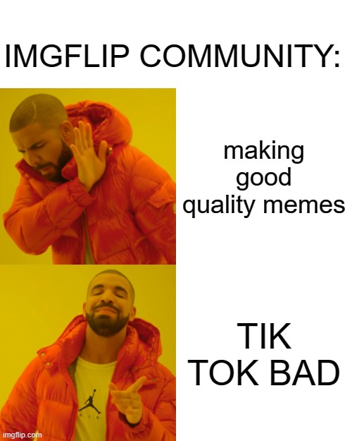 stop hating on a community that did nothing to y'all. | IMGFLIP COMMUNITY:; making good quality memes; TIK TOK BAD | image tagged in memes,drake hotline bling | made w/ Imgflip meme maker