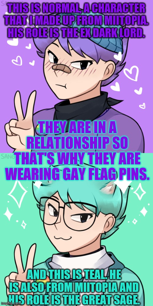Normal and Teal (who are in a relationship) | THIS IS NORMAL, A CHARACTER THAT I MADE UP FROM MIITOPIA. HIS ROLE IS THE EX DARK LORD. THEY ARE IN A RELATIONSHIP SO THAT'S WHY THEY ARE WEARING GAY FLAG PINS. AND THIS IS TEAL. HE IS ALSO FROM MIITOPIA AND HIS ROLE IS THE GREAT SAGE. | image tagged in miitopia,lgbtq | made w/ Imgflip meme maker