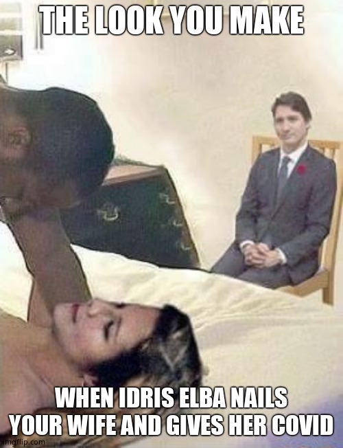 Cuck Trudeau | THE LOOK YOU MAKE WHEN IDRIS ELBA NAILS YOUR WIFE AND GIVES HER COVID | image tagged in cuck trudeau | made w/ Imgflip meme maker