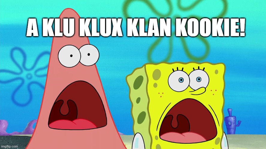 Shocked SpongeBob and Patrick | A KLU KLUX KLAN KOOKIE! | image tagged in shocked spongebob and patrick | made w/ Imgflip meme maker