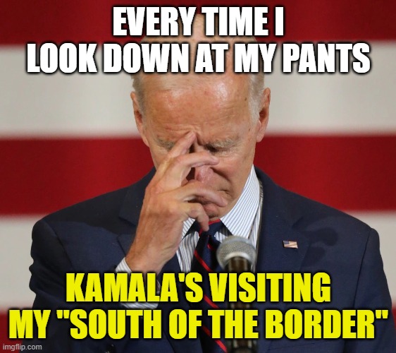 Confused Joe Biden | EVERY TIME I LOOK DOWN AT MY PANTS KAMALA'S VISITING MY "SOUTH OF THE BORDER" | image tagged in confused joe biden | made w/ Imgflip meme maker