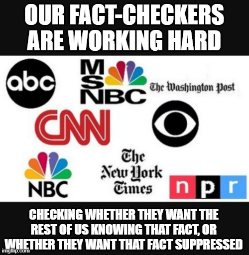 Media lies | OUR FACT-CHECKERS ARE WORKING HARD; CHECKING WHETHER THEY WANT THE REST OF US KNOWING THAT FACT, OR WHETHER THEY WANT THAT FACT SUPPRESSED | image tagged in media lies | made w/ Imgflip meme maker