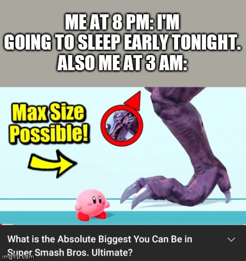 I was actually going to watch this, not at 3am, when I thought to meme it. | ME AT 8 PM: I'M GOING TO SLEEP EARLY TONIGHT.
ALSO ME AT 3 AM: | image tagged in super smash bros,size | made w/ Imgflip meme maker