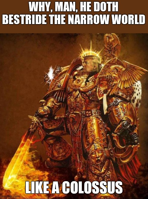 WHY, MAN, HE DOTH BESTRIDE THE NARROW WORLD LIKE A COLOSSUS | image tagged in god emperor trump | made w/ Imgflip meme maker