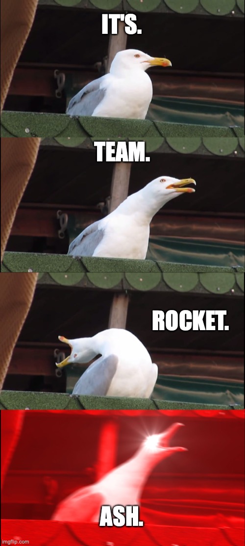 Over 1000 episodes and he still can't recognize them | IT'S. TEAM. ROCKET. ASH. | image tagged in memes,inhaling seagull | made w/ Imgflip meme maker