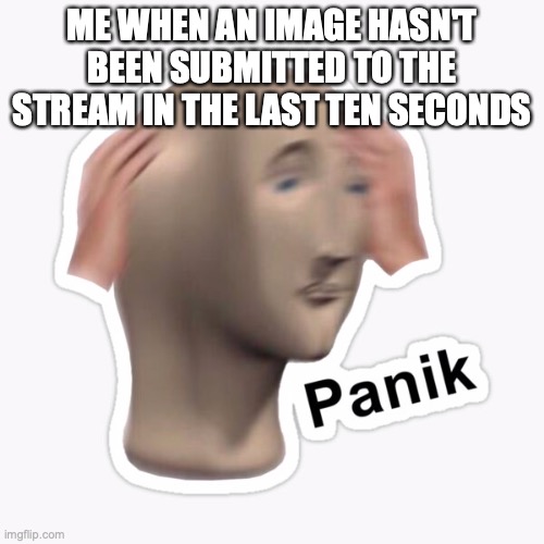 OH GOD | ME WHEN AN IMAGE HASN'T BEEN SUBMITTED TO THE STREAM IN THE LAST TEN SECONDS | image tagged in panik | made w/ Imgflip meme maker