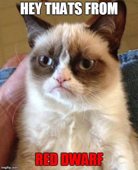 Grumpy Cat Meme | HEY THATS FROM RED DWARF | image tagged in memes,grumpy cat | made w/ Imgflip meme maker