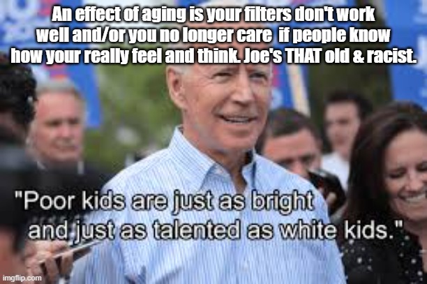 Old and Racist Joe | An effect of aging is your filters don't work well and/or you no longer care  if people know how your really feel and think. Joe's THAT old & racist. | image tagged in racist joe biden,politics,truth | made w/ Imgflip meme maker