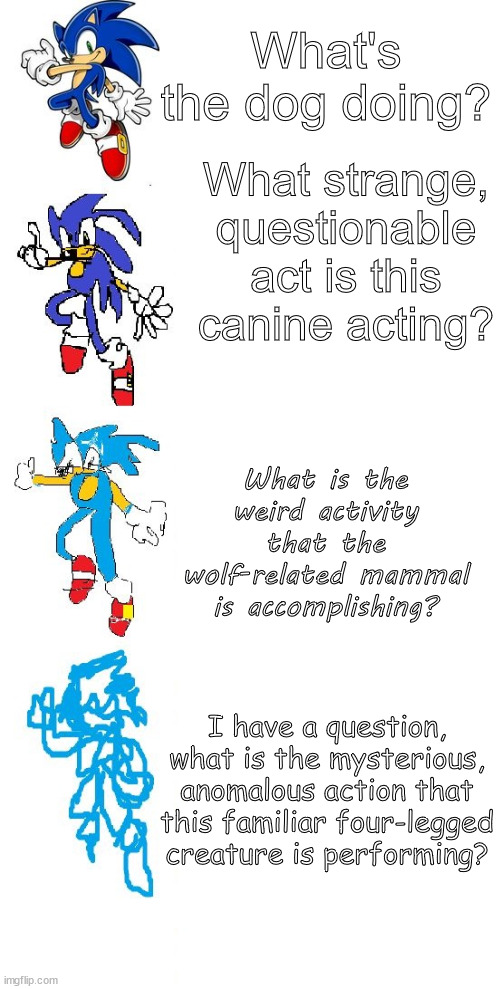 increasingly verbose sonic | What's the dog doing? What strange, questionable act is this canine acting? What is the weird activity that the wolf-related mammal is accomplishing? I have a question, what is the mysterious, anomalous action that this familiar four-legged creature is performing? | image tagged in increasingly verbose sonic | made w/ Imgflip meme maker