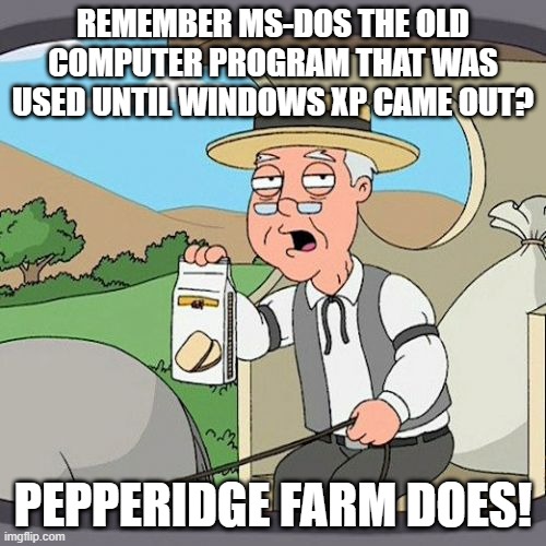 Disc Operating System Microsoft 1981-2001 | REMEMBER MS-DOS THE OLD COMPUTER PROGRAM THAT WAS USED UNTIL WINDOWS XP CAME OUT? PEPPERIDGE FARM DOES! | image tagged in memes,pepperidge farm remembers,windows xp,windows 95,microsoft | made w/ Imgflip meme maker