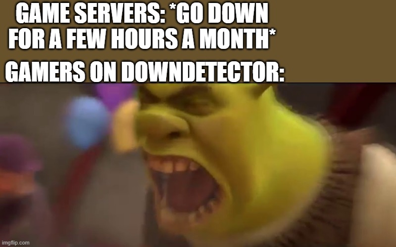 Only people who've seen comments on Downdetector will understand | GAME SERVERS: *GO DOWN FOR A FEW HOURS A MONTH*; GAMERS ON DOWNDETECTOR: | image tagged in shrek screaming,memes,gamers,servers,website | made w/ Imgflip meme maker