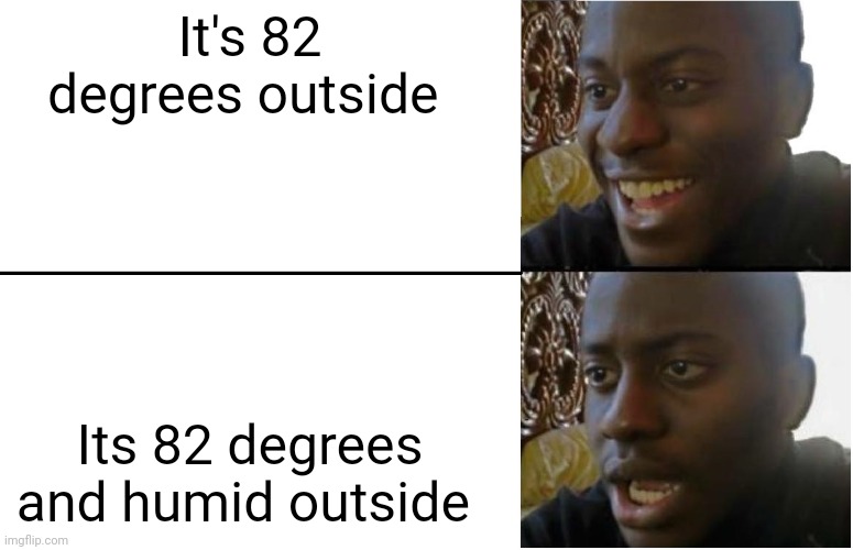 Disappointed Black Guy | It's 82 degrees outside; Its 82 degrees and humid outside | image tagged in disappointed black guy | made w/ Imgflip meme maker