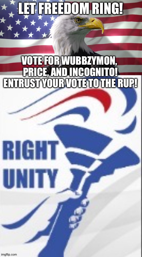 Put your vote in good hands! | LET FREEDOM RING! VOTE FOR WUBBZYMON, 
PRICE, AND INCOGNITO!
ENTRUST YOUR VOTE TO THE RUP! | image tagged in bald eagle with american flag | made w/ Imgflip meme maker
