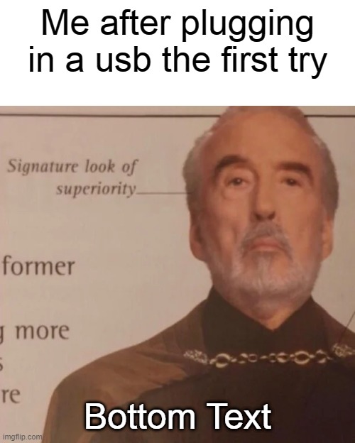 Signature Look of superiority | Me after plugging in a usb the first try; Bottom Text | image tagged in signature look of superiority | made w/ Imgflip meme maker