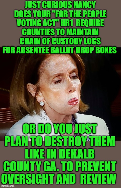 yep | JUST CURIOUS NANCY DOES YOUR "FOR THE PEOPLE VOTING ACT" HR1  REQUIRE COUNTIES TO MAINTAIN CHAIN OF CUSTODY LOGS FOR ABSENTEE BALLOT DROP BOXES; OR DO YOU JUST PLAN TO DESTROY THEM LIKE IN DEKALB COUNTY GA. TO PREVENT OVERSIGHT AND  REVIEW | image tagged in democrats,fascism | made w/ Imgflip meme maker