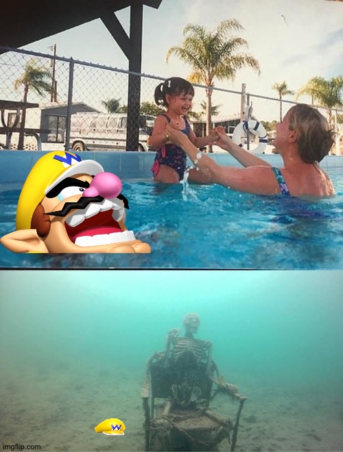 Wario drowns in front of unaware swimmers.mp3 | image tagged in sinking skeleton | made w/ Imgflip meme maker