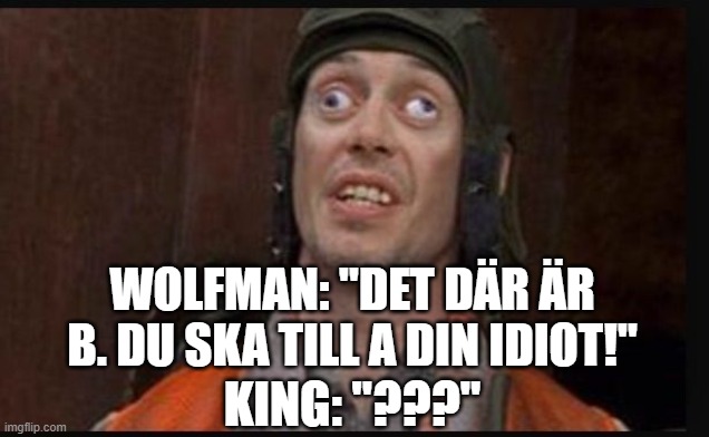 Idiots  | WOLFMAN: "DET DÄR ÄR B. DU SKA TILL A DIN IDIOT!"; KING: "???" | image tagged in idiots | made w/ Imgflip meme maker