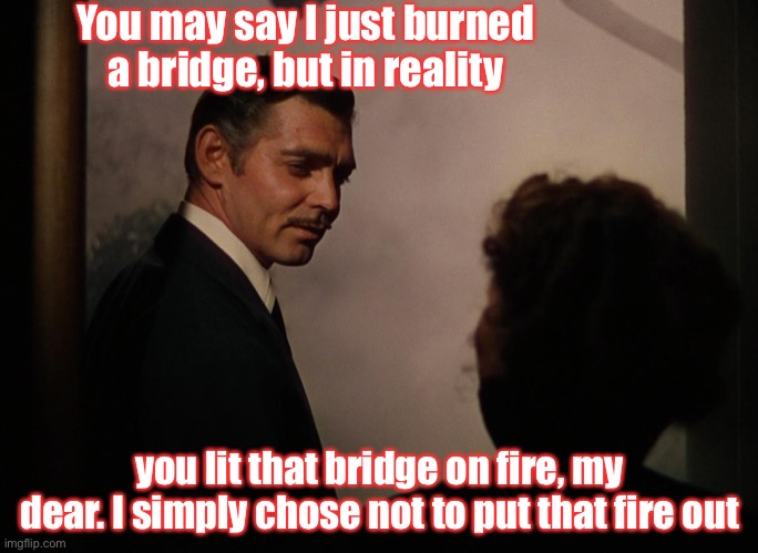 Breaking up is hard | You may say I just burned a bridge, but in reality; you lit that bridge on fire, my dear. I simply chose not to put that fire out | image tagged in frankly my dear,relationships,divorce,burning bridges,memes | made w/ Imgflip meme maker