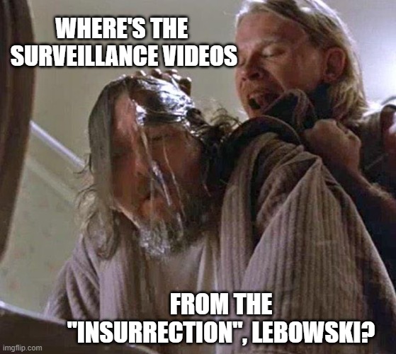 Just another "conspiracy theory" | WHERE'S THE 
SURVEILLANCE VIDEOS; FROM THE "INSURRECTION", LEBOWSKI? | image tagged in where is the money lebowski,january 6th,insurrection,democrats,biden adminstration | made w/ Imgflip meme maker
