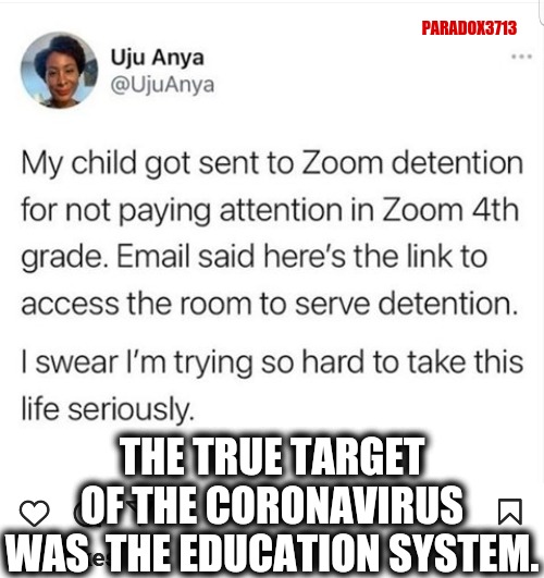 PARADOX3713; THE TRUE TARGET OF THE CORONAVIRUS WAS  THE EDUCATION SYSTEM. | image tagged in memes,funny,education,coronavirus,epic fail,covid | made w/ Imgflip meme maker