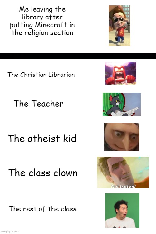Minecraft Is a religion | Me leaving the library after putting Minecraft in the religion section; The Christian Librarian; The Teacher; The atheist kid; The class clown; The rest of the class | image tagged in blank white template | made w/ Imgflip meme maker