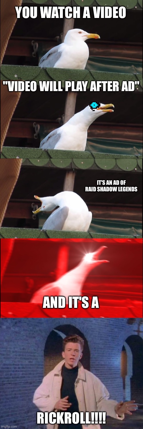 Inhaling Seagull Meme | YOU WATCH A VIDEO; "VIDEO WILL PLAY AFTER AD"; IT'S AN AD OF RAID SHADOW LEGENDS; AND IT'S A; RICKROLL!!!! | image tagged in memes,inhaling seagull | made w/ Imgflip meme maker