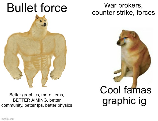 Games | Bullet force; War brokers, counter strike, forces; Cool famas graphic ig; Better graphics, more items, BETTER AIMING, better community, better fps, better physics | image tagged in memes,buff doge vs cheems | made w/ Imgflip meme maker
