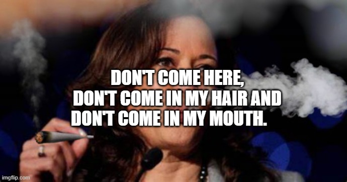 Kamala Harris stoned | DON'T COME HERE, DON'T COME IN MY HAIR AND DON'T COME IN MY MOUTH. | image tagged in kamala harris stoned | made w/ Imgflip meme maker