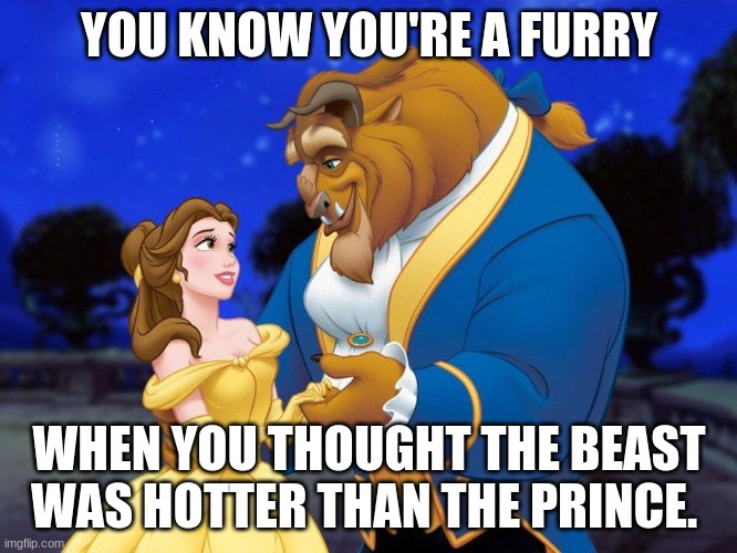 My childhood in one sentence. | YOU KNOW YOU'RE A FURRY; WHEN YOU THOUGHT THE BEAST WAS HOTTER THAN THE PRINCE. | image tagged in beauty and the beast | made w/ Imgflip meme maker