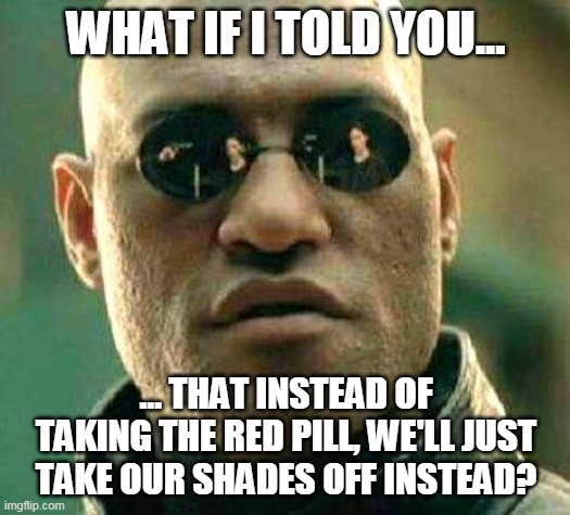 What if i told you | WHAT IF I TOLD YOU... ... THAT INSTEAD OF TAKING THE RED PILL, WE'LL JUST TAKE OUR SHADES OFF INSTEAD? | image tagged in what if i told you | made w/ Imgflip meme maker