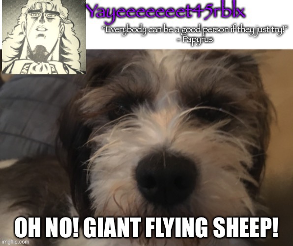 Yayeeeeeeet45rblx announcement | OH NO! GIANT FLYING SHEEP! | image tagged in yayeeeeeeet45rblx announcement | made w/ Imgflip meme maker