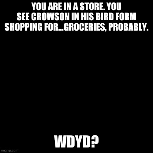 If you choose to play as a Karen, bonus points! | YOU ARE IN A STORE. YOU SEE CROWSON IN HIS BIRD FORM SHOPPING FOR...GROCERIES, PROBABLY. WDYD? | image tagged in blank black template,bird brain | made w/ Imgflip meme maker