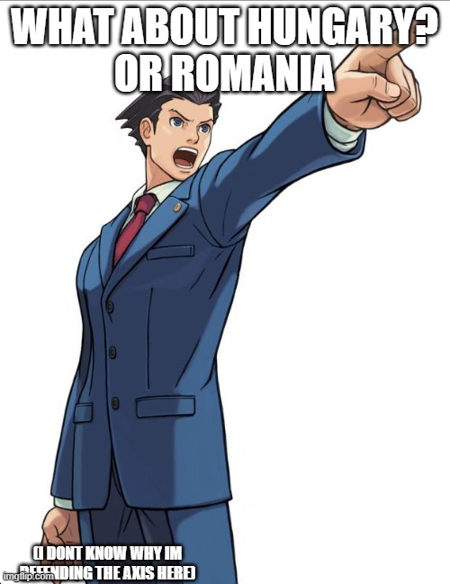WHAT ABOUT HUNGARY?
OR ROMANIA (I DONT KNOW WHY IM DEFENDING THE AXIS HERE) | image tagged in ace attorney | made w/ Imgflip meme maker