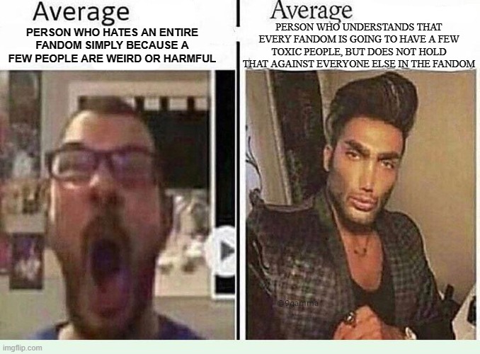 Average *BLANK* Fan VS Average *BLANK* Enjoyer | PERSON WHO UNDERSTANDS THAT EVERY FANDOM IS GOING TO HAVE A FEW TOXIC PEOPLE, BUT DOES NOT HOLD THAT AGAINST EVERYONE ELSE IN THE FANDOM; PERSON WHO HATES AN ENTIRE FANDOM SIMPLY BECAUSE A FEW PEOPLE ARE WEIRD OR HARMFUL | image tagged in average blank fan vs average blank enjoyer | made w/ Imgflip meme maker