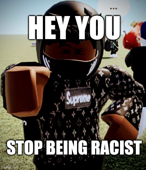 Listen to the guy under this text |  HEY YOU; STOP BEING RACIST | image tagged in pointing guy,roblox,meme,roblox meme,e,funny | made w/ Imgflip meme maker