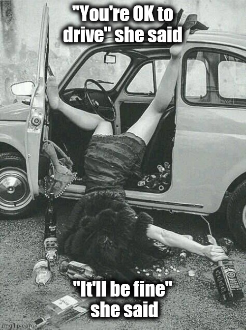 Drunk Girl  | "You're OK to drive" she said "It'll be fine"
 she said | image tagged in drunk girl | made w/ Imgflip meme maker