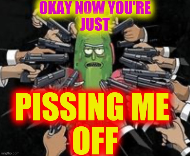 Pickle Rick Guns | OKAY NOW YOU'RE
JUST PISSING ME 
OFF | image tagged in pickle rick guns | made w/ Imgflip meme maker