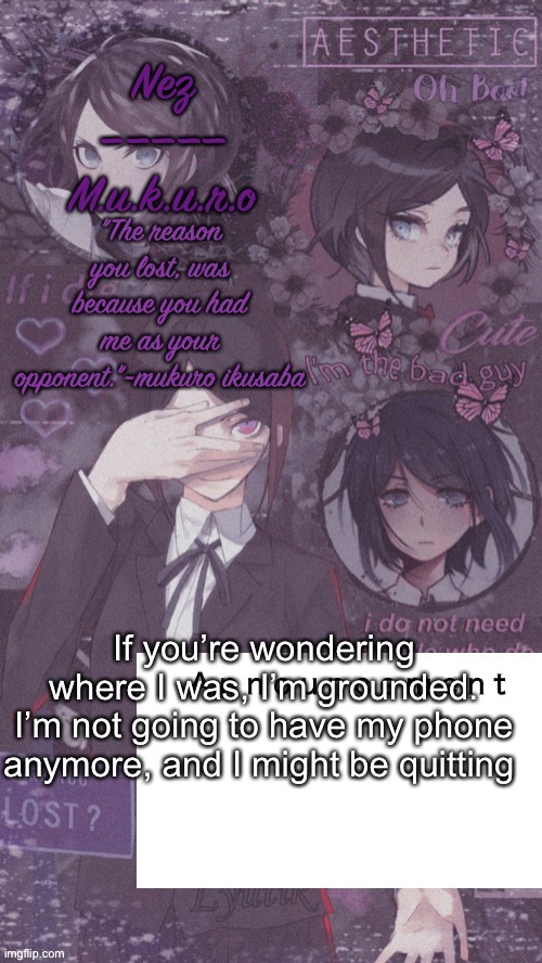 I won’t delete tho | If you’re wondering where I was, I’m grounded.
I’m not going to have my phone anymore, and I might be quitting | image tagged in mukuro ikasaba | made w/ Imgflip meme maker