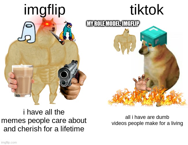 Buff Doge vs. Cheems Meme | imgflip; tiktok; MY ROLE MODEL: IMGFLIP; i have all the memes people care about and cherish for a lifetime; all i have are dumb videos people make for a living | image tagged in memes,buff doge vs cheems | made w/ Imgflip meme maker