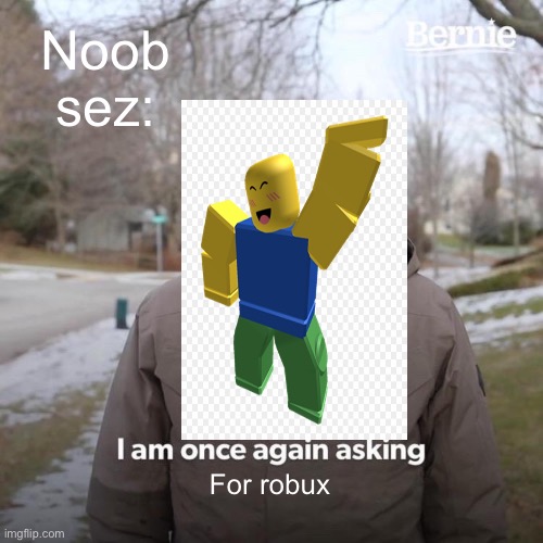 Noobs in a nutshell | Noob sez:; For robux | image tagged in memes,bernie i am once again asking for your support | made w/ Imgflip meme maker