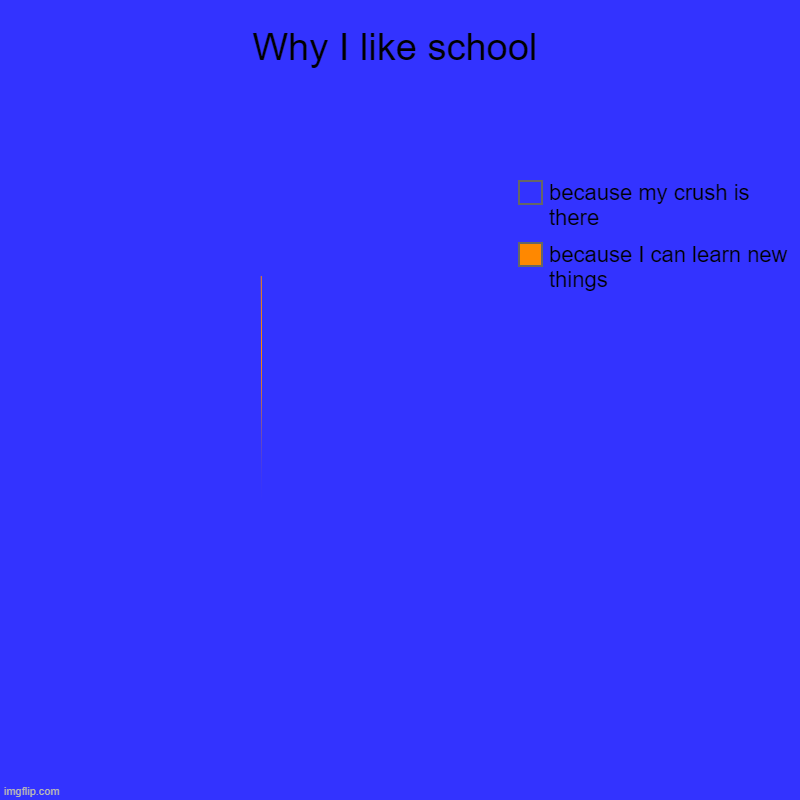Why I like school | because I can learn new things, because my crush is there | image tagged in charts,pie charts,crush,blue,school,memes | made w/ Imgflip chart maker
