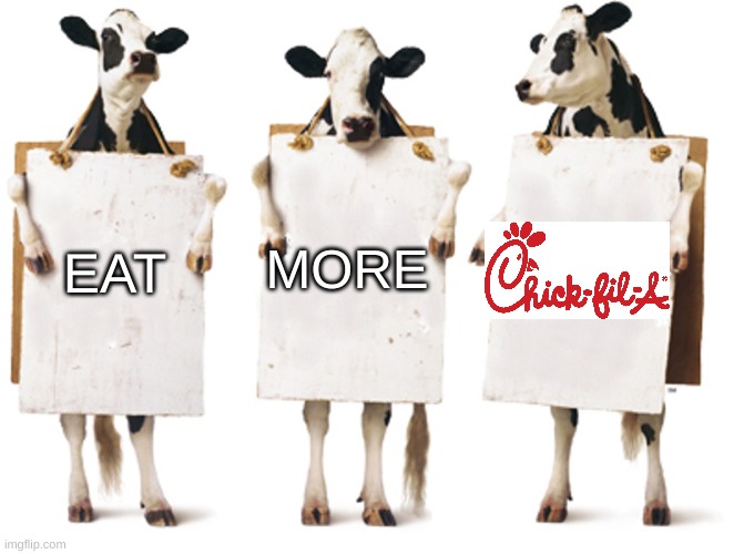 Eat more chick fil a | MORE; EAT | image tagged in chick-fil-a 3-cow billboard,memes,funny,chick fil a | made w/ Imgflip meme maker