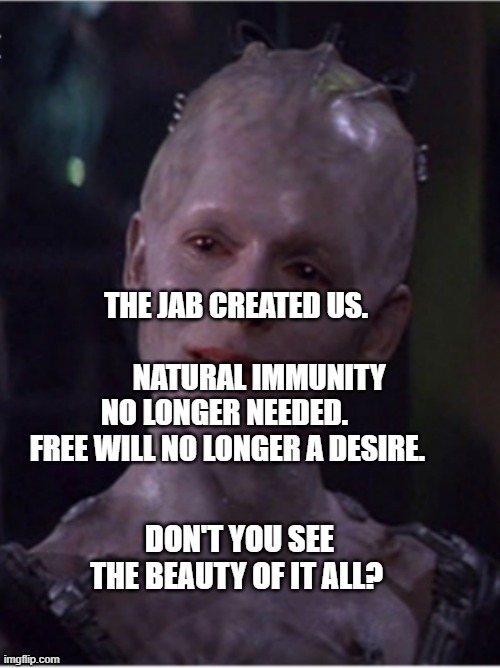 Borg Queen | THE JAB CREATED US.                                NATURAL IMMUNITY NO LONGER NEEDED.     FREE WILL NO LONGER A DESIRE. DON'T YOU SEE THE BEAUTY OF IT ALL? | image tagged in borg queen,FightingFakeNews | made w/ Imgflip meme maker