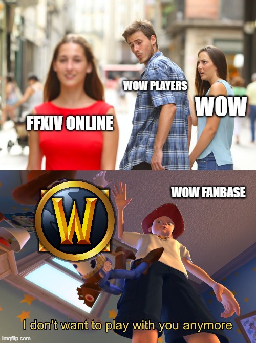 WoW vs FFXIV | WOW PLAYERS; WOW; FFXIV ONLINE; WOW FANBASE | image tagged in memes,distracted boyfriend | made w/ Imgflip meme maker