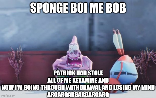2021 Edition | SPONGE BOI ME BOB; PATRICK HAD STOLE ALL OF ME KETAMINE AND NOW I'M GOING THROUGH WITHDRAWAL AND LOSING MY MIND

ARGARGARGARGARGARG | made w/ Imgflip meme maker